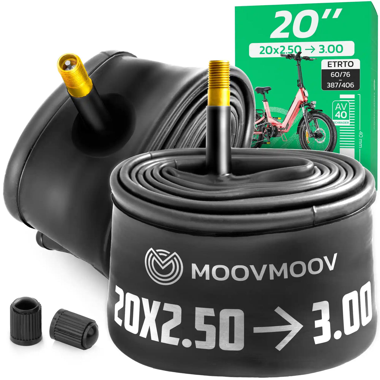 Chambre à air 20 pouces MoovMoov pour pneus de 20x2.50 à 20x3.00, valve Schrader 40 mm