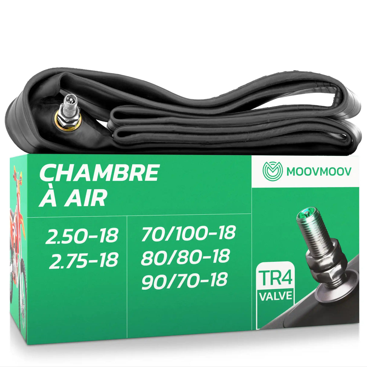 Chambre à air 18 pouces MoovMoov pour pneus de 70/100-18 à 2.75-18, valve Schrader TR4